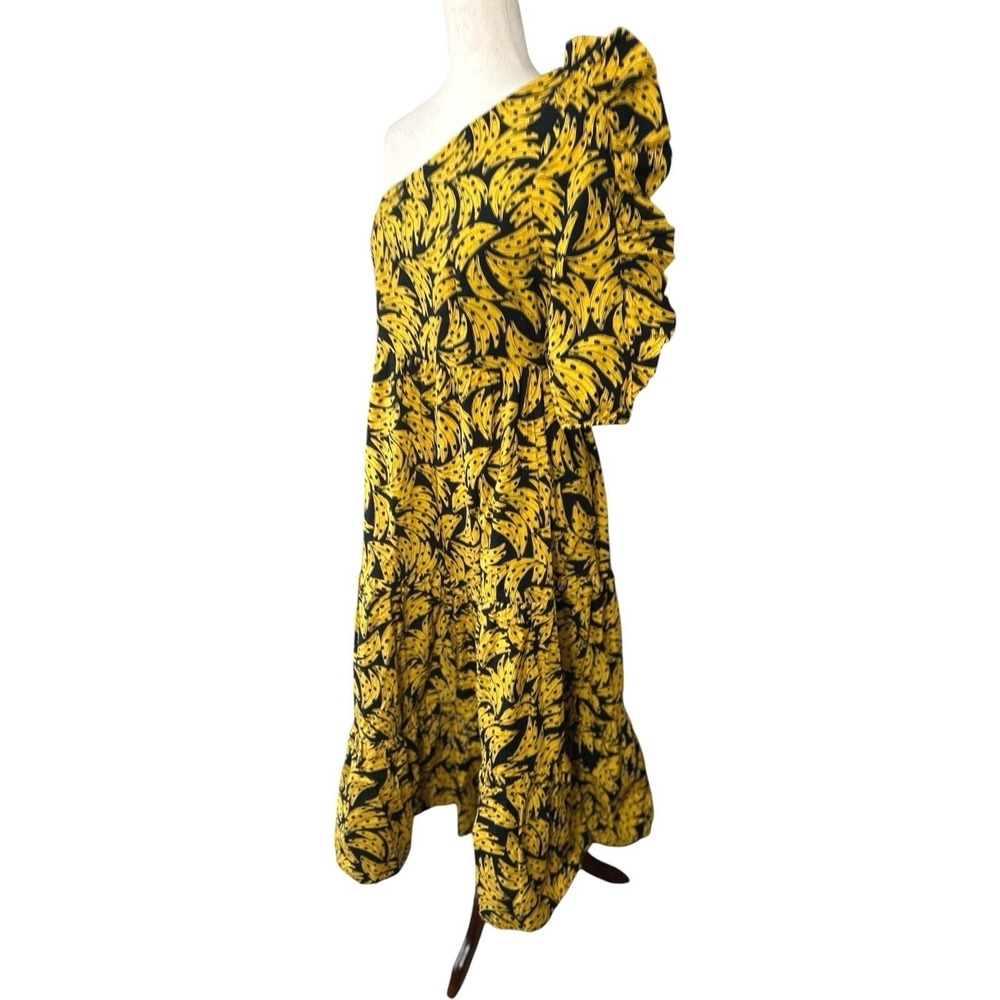 NEW Farm Rio Cotton Poplin One-Shoulder Black Bananas Midi Dress Cotton Medium - Picture 6 of 13